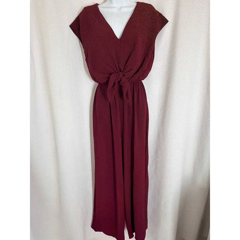 She & Sky Burgundy V-Neck Tie Front Open Back Wide Leg Jumpsuit Medium NWT